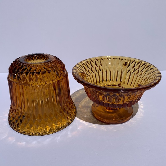 Vintage Indiana Amber Glass Fairy Light Lamp Diamond Point Footed 2 Piece MCM - Picture 3 of 7